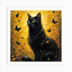 Majestic Black Cat Amidst a Flurry of Butterflies Art Print