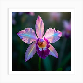 A Radiant Orchid With Petals Of Shifting, Holographic Colors Blooming In A Magical Garden 1 Art Print