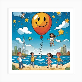 Cartoon Illustration Of A Hand Drawn Balloon Adorned With A Happy Face Floating Over A Bustling Beac (5) Art Print