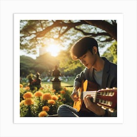 Young Man Playing Guitar In The Park Art Print