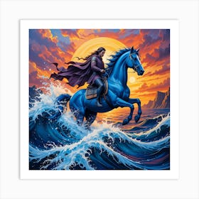 Blue Horse At Sunset*Knight defies the waves of the sea * Art Print