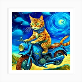 Cat Riding A Rocket Motorcycle In The Style Of Van Gogh 1 Art Print