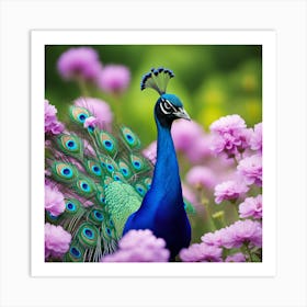 A Peacock Is Standing In A Field Of Purple Flowers With Its Long Tail Spread Out Behind It Creating(2) Art Print