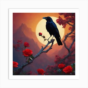 Crow On A Branch Ar Sunset Art Print