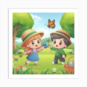 Cute Girl And Boy In The Garden Art Print