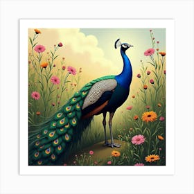 Peacock With Field Of Asters 1 Art Print