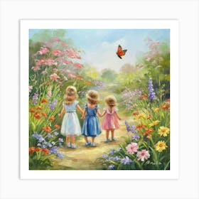 Three Little Girls In The Garden Art Print