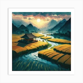 Beautiful views of rice fields, close to the river and surrounded by mountains, 7 Art Print
