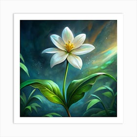 A Delicate White Flower Blooming In A Lush Forest Art Print