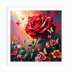 Red Rose With Butterflies 1 Art Print