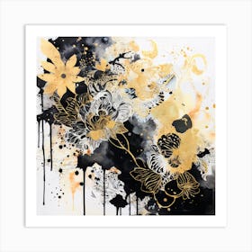 Black And Gold, Abstract Floral Painting, Design An Eclectic Collage With Overlapping Layers Of Lace Watercolor Splatters And Black Art Print