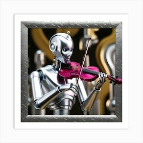 A Futuristic Robot Playing A Fuchsia Violin, Inspired By The Surrealism Of Salvador Dalí, With A Metallic Silver And Gold Palette, Where The Robot Is The Only Thing In Focus, With Everything Else Blurred Into Abstract Shapes Art Print