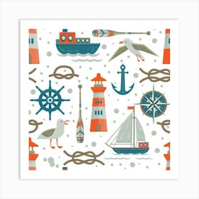 Nautical Elements Pattern Background Art Print