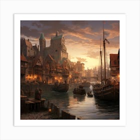 Medieval City At Dusk Art Print