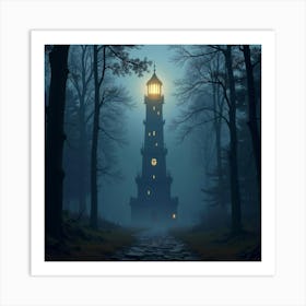 A Glowing Tower Rising From A Misty, Enchanted Forest 1 Art Print