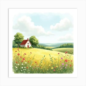 French Countryside Meadow In Watercolor With Wildflowers And A Quaint Farmhouse 1 Art Print