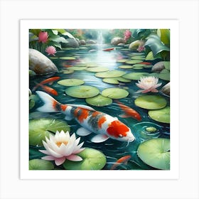 Serene Koi Fish Pond With Lily Pads, Watercolor Painting 1 Art Print