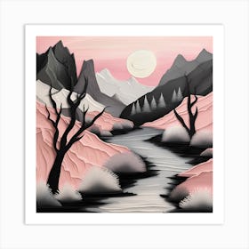 Pink River Minimalistic Line Art Soothing Pastels Landscape Art Print