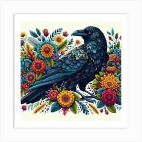 Crow And Flowers Art Print