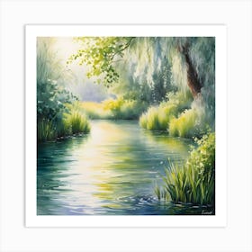 An Impressionist Style Watercolor Oil Painting Of A Tranquil Pond 4 Art Print