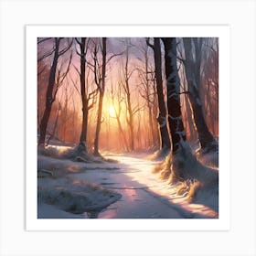 Winter Woodland Stream at Sunset Art Print