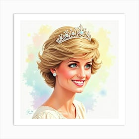 Princess Diana’S Cheerful Face, Set In A Soft Watercolor Rainbow Scene 1 Art Print