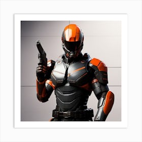 A Futuristic Warrior Stands Tall, His Gleaming Suit And Orange Visor Commanding Attention 21 Art Print