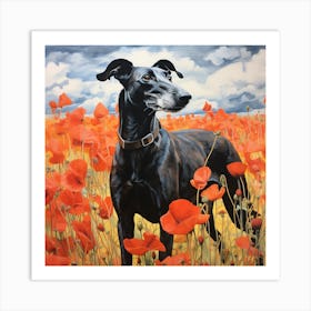 Black Greyhound in Poppy Field Art Print