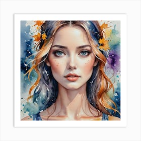 Watercolor Of A Girl With Flowers Art Print