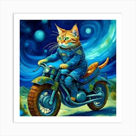 Cat Riding A Rocket Motorcycle In The Style Of Van Gogh Art Print