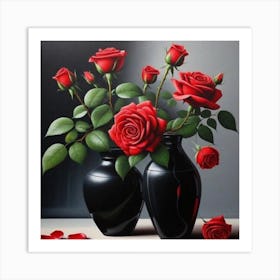 Red Roses In Black Vases Art Print