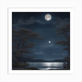 Full Moon Over Lake Art Print