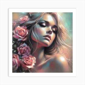 Beautiful Woman With Roses 1 Art Print