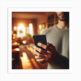 Man Using Smartphone In Living Room Art Print