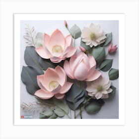 Firefly A Combination Of Lotus Flowers And Eucalyptus Leaves In Pale Pink And Gray, Spaced Out With (3) Art Print