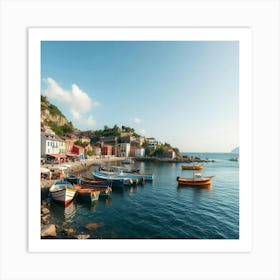 Charming Fishing Village With Boats Lined Along The Shore 1 Art Print