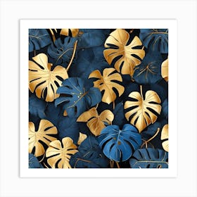 Golden and blue leaves of Monstera 1 Art Print