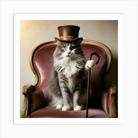 A Majestic Grey And White Domestic Cat With A Worn Brown Hat And A Cane On A Chair 3 Art Print