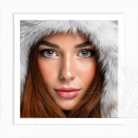 Firefly Macro Portrait Of Freckled Woman In Snowy Fur Jacket 54934 Art Print