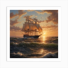 "Golden Serenity: Sunset Voyage with Seagulls" Art Print