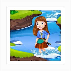 Girl Crossing The River Illustration Art Print