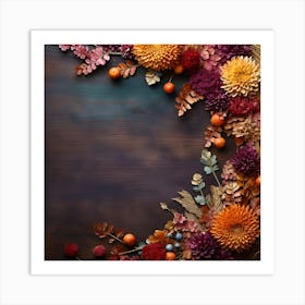 Autumn Flowers On Wooden Background Art Print