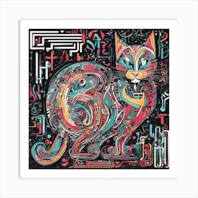 An Image Of A Cat With Letters On A Black Background, In The Style Of Bold Lines, Vivid Colors, Grap (14) Art Print