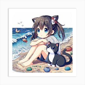Cute Anime Girl And Cat Art Print
