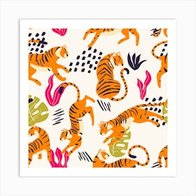 Tiger Pattern On White With Colorful Tropical Leaves Decoration Square Art Print