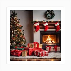 Christmas Presents In Front Of Fireplace 8 Art Print