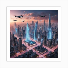 Drones Flying Over A City Art Print