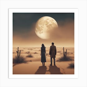 Woman And A Man In The Desert Art Print