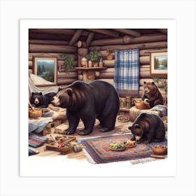 Bear Family in Cabin Art Print