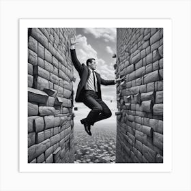 Businessman Jumping Over Brick Wall Art Print